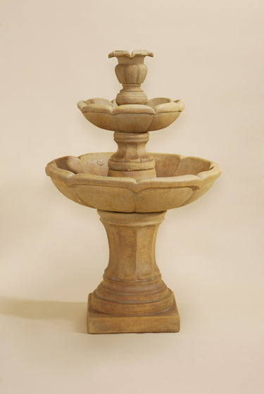 Velia Two Tier Outdoor Cast Stone Garden Fountain – Small Floral Finial Design
